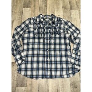 SEVEN7 Pleated Ruffle Blue Plaid Pearl Snap Button Front Long Sleeve Top 18/20
